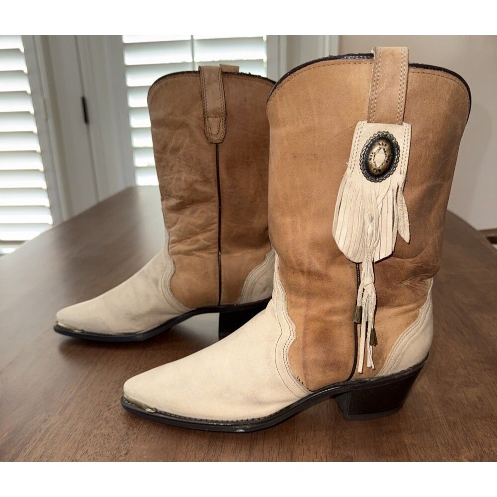 Vintage Western Cowboy Boots Leather Fringe Tassel Cream Tan USA  Made Women 7.5